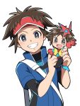  2boys bangs blue_jacket blush bright_pupils brown_hair commentary_request grey_eyes grin hands_up holding jacket looking_at_viewer male_focus multiple_boys nagi_(exsit00) nate_(pokemon) parted_bangs pokemon pokemon_(game) pokemon_bw2 pokestar_studios popped_collar red_headwear short_hair short_sleeves simple_background smile strap teeth the_riolu_kid visor_cap white_background white_pupils 