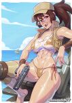  1girl abs baseball_cap bikini breasts brown_eyes brown_hair fio_germi glasses gold_bracelet hat kajin_(kajinman) knee_pads large_breasts metal_slug navel ponytail round_eyewear see-through side-tie_bikini solo string_bikini swimsuit tank_top vest 