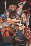  4boys axl_low bandana belt black_hair blonde_hair blue_eyes brown_eyes chain chipp_zanuff fan glasses guilty_gear guilty_gear_strive leo_whitefang long_hair male_focus mito_anji multiple_boys muscular muscular_male red_eyes short_hair silver_hair spiked_hair straight_hair tentenkingyo 