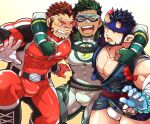  3boys akashi_(live_a_hero) aopanda arm_around_shoulder bandaged_arm bandages bara beard black_hair blush bodysuit broken_horn bulge covered_abs covered_navel covered_nipples dark-skinned_male dark_skin demon_boy demon_horns facial_hair fundoshi goatee green_bodysuit green_hair happi headband horns japanese_clothes kyoichi_(live_a_hero) large_pectorals live_a_hero long_sideburns male_cleavage male_focus mature_male multicolored_hair multiple_boys muscular muscular_male nessen_(live_a_hero) no_pants partially_unbuttoned pectorals red_bodysuit red_eyes red_hair short_hair sideburns skin_tight smile streaked_hair thick_eyebrows thick_thighs thighs two-tone_hair white_male_underwear 