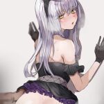  1boy 1girl bang_dream! bangs bare_back bare_shoulders bent_over black_gloves blurry blurry_background blush butt_crack clothes_lift commission dark-skinned_male dark_skin dress dress_lift frilled_dress frills from_behind gloves grey_background hairband hand_on_another&#039;s_hip heavy_breathing hetero highres implied_sex kiyomasa_(dangan) leaning_forward light_purple_hair long_hair looking_at_viewer looking_back male_hand minato_yukina open_mouth pov shadow sidelocks silver_hair sleeveless sleeveless_dress solo_focus sweat yellow_eyes 