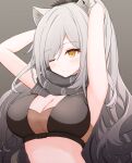  1girl adjusting_hair animal_ears arknights black_scarf black_shirt blush breasts cat_ears cleavage commentary crop_top ear_piercing eyebrows_visible_through_hair gradient gradient_background grey_hair highres large_breasts long_hair one_eye_closed piercing ponytail risshu scarf schwarz_(arknights) shirt solo upper_body yellow_eyes 