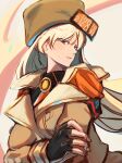  1girl absurdres blonde_hair blue_eyes coat dondobi fingerless_gloves fur_hat gloves guilty_gear guilty_gear_strive hat highres long_hair long_sleeves millia_rage portrait simple_background solo_focus 