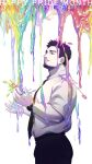  1boy absurdres arms_at_sides bara black_pants facial_hair formal from_side goatee highres lgbt_pride male_focus mature_male necktie open_hands original pants rainbow_gradient short_hair solo spill spilling stubble white_background yzpyn 