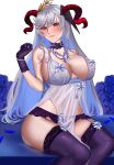  1girl absurdres artoria_pendragon_(all) artoria_pendragon_(lancer_alter)_(fate) artoria_pendragon_(lancer_alter)_(fate)_(cosplay) babydoll baka0000 bangs black_gloves black_panties blue_babydoll blush breasts choker cleavage commission commissioner_upload cosplay curled_horns fate/grand_order fate_(series) fire_emblem fire_emblem_heroes freyja_(fire_emblem) garter_belt garter_straps gloves goat_horns highres horns jewelry large_breasts lingerie long_hair looking_at_viewer necklace negligee panties red_eyes revealing_clothes royal_icing see-through silver_hair sitting skeb_commission sky snowflake_print solo thighhighs underwear 