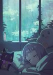  1girl bottle closed_eyes closed_mouth commentary english_commentary highres hololive indoors kirby kirby_(series) murasaki_shion pillow plant rain shiokko_(murasaki_shion) silver_hair sleeping solo stuffed_toy tugo under_covers virtual_youtuber window 