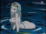  1girl antenna_hair artist_name ass bluethebone breasts english_commentary english_text goggles goggles_on_head green_hair loch_ness_monster long_hair medium_breasts naelle_the_loch_ness_monster nipples nude original partially_submerged red_eyes retro_artstyle solo subtitled 