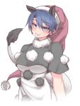  1girl animal_ears bangs black_capelet blue_eyes blue_hair breasts bright_pupils capelet closed_mouth cropped_torso doremy_sweet eyebrows_visible_through_hair half-closed_eyes hat kuroba_rapid looking_at_viewer medium_breasts nightcap pom_pom_(clothes) red_headwear simple_background smile solo tail tapir_ears tapir_tail touhou white_background white_pupils 
