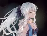  1girl bangs black_bow blue_bow blue_choker blue_eyes bow braid breasts capelet center_opening choker cleavage ellygretta fate/grand_order fate_(series) french_braid grey_hair hair_between_eyes hair_bow highres long_hair looking_at_viewer morgan_le_fay_(fate) ponytail sidelocks solo upper_body very_long_hair white_capelet yellow_bow 