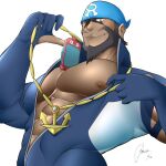  1boy abs anchor_necklace archie_(pokemon) beard black_eyes blue_bandana blue_bodysuit bodysuit brown_hair commentary_request covered_nipples dark-skinned_male dark_skin facial_hair flashing gen_1_pokemon holding logo looking_at_viewer male_focus multicolored multicolored_bodysuit multicolored_clothes nipples one_eye_closed pants_boxer parted_lips pectorals pokemon pokemon_(game) pokemon_oras porygon poryphone short_hair signature simple_background smile team_aqua torn_bodysuit torn_clothes wetsuit white_background white_bodysuit 