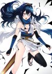  1girl alternate_costume ameno_(a_meno0) bikini blue_eyes blue_hair bow breasts cape cosplay fingerless_gloves fire_emblem fire_emblem_awakening fire_emblem_heroes fox_mask gloves hair_bow hana_(fire_emblem) hana_(fire_emblem)_(cosplay) highres long_hair looking_at_viewer lucina_(fire_emblem) mask open_mouth sandals single_thighhigh sweatdrop swimsuit sword thighhighs tiara torn_clothes weapon white_cape 