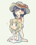  2girls :&gt; bare_arms barefoot black_hair blonde_hair blush blush_stickers braid closed_eyes closed_mouth collared_dress commentary_request donguri_big dress green_eyes grey_shorts hat highres lillie_(pokemon) long_hair matching_hairstyle multiple_girls open_mouth pokemon pokemon_(game) pokemon_sm pokemon_usum selene_(pokemon) shirt shorts sitting sleeveless sleeveless_dress sleeveless_shirt smile sparkle standing tongue twin_braids white_dress 