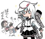  1boy 2girls admiral_(kancolle) anchor bangs black_hair black_skirt blue_eyes carrying closed_eyes closed_mouth commentary_request detached_sleeves flat_cap hat hibiki_(kancolle) jacket kantai_collection long_hair long_sleeves lowres multiple_girls piggyback pleated_skirt remodel_(kantai_collection) rigging scarf sendai_(kancolle) shaded_face simple_background skirt sparkle terrajin translation_request two_side_up verniy_(kancolle) white_background white_hair white_headwear white_scarf 