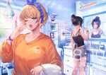  2girls apex_legends bangs bare_legs black_hair blonde_hair blue_eyes blue_headwear closed_mouth hanging_plant lichtenberg_figure long_sleeves md5_mismatch mirror mizutama_(mao11260510) multiple_girls nessie_(respawn) one_eye_closed orange_shirt plant potted_plant resolution_mismatch shirt shorts sink source_larger stuffed_toy tank_top toothbrush_in_mouth towel wattson_(apex_legends) wraith_(apex_legends) yawning 