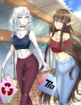  2girls absurdres bare_arms bare_shoulders black_hair breasts brown_hair carmilla_(fate) cleavage collarbone curly_hair denim emarex96 eyebrows_visible_through_hair fate/apocrypha fate/grand_order fate_(series) highres jeans large_breasts long_hair looking_at_viewer midriff multiple_girls navel off-shoulder_shirt off_shoulder pants pointy_ears semiramis_(fate) shirt short_hair silver_hair smile tank_top very_long_hair white_hair yellow_eyes 