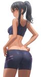  1girl ass back bangs bare_shoulders black_hair blush breasts brown_eyes closed_mouth commentary dark-skinned_female dark_skin english_commentary free_style_(yohan1754) from_behind highres ijiranaide_nagatoro-san long_hair looking_at_viewer midriff nagatoro_hayase smile solo tan tanline thighs 