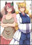  2girls animal_ear_fluff animal_ears arms_under_breasts blonde_hair blush breasts bright_pupils brown_eyes brown_hair cleavage commentary_request cowboy_shot dress fox_ears fox_tail futatsuiwa_mamizou glasses kuroba_rapid large_breasts leaf leaf_on_head looking_at_another multiple_girls multiple_tails no_hat no_headwear raccoon_ears raccoon_tail short_hair tabard tail touhou white_background white_dress yakumo_ran yellow_eyes 