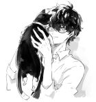  1boy amamiya_ren animal cat closed_mouth glasses greyscale hair_between_eyes holding holding_animal holding_cat male_focus monochrome morgana_(persona_5) persona persona_5 sawa2 shirt simple_background sketch upper_body 