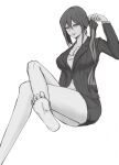  1girl bare_legs barefoot bdsm breasts business_suit cleavage closed_mouth collarbone crossed_legs eyebrows_visible_through_hair feet foot_up formal from_below greyscale holding holding_clothes holding_legwear legs long_hair looking_at_viewer mole mole_under_eye monochrome neri_aisu office_lady original sadism smirk soles solo suit thighs toes white_background 