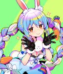  1girl animal_ear_fluff animal_ears bangs black_eyes black_gloves blue_hair braid breasts bunny_ears bunny_tail carrot_hair_ornament creature don-chan_(usada_pekora) dress food-themed_hair_ornament fur-trimmed_gloves fur_scarf fur_trim gloves green_background hair_ornament hololive long_hair medium_breasts multicolored_hair pom_pom_(clothes) scarf shunin simple_background smile solid_oval_eyes sparkle tail twin_braids usada_pekora virtual_youtuber white_hair 