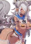  1girl animal_ears arched_back arm_grab arm_support arm_under_breasts armband bangs bare_hips bell between_breasts breast_press breast_rest breasts buoy cameltoe choker cleavage collar curvy dark-skinned_female dark_skin earrings fox_ears garter_belt garter_straps hair_over_one_eye highleg highleg_panties jewelry large_breasts legs_apart looking_at_viewer maid maid_headdress naughty_face neck_bell one_eye_covered original panties pointy_ears sailor_collar shiny shiny_skin string_bra tajima_ryuushi thighhighs thong tongue tongue_out underwear white_legwear 