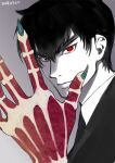  1boy black_hair claws dated face fingernails grey_background jigoku_sensei_nube long_fingernails male_focus nueno_meisuke portrait red_eyes short_hair solo sumeragi_kohaku 