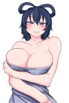  1girl arm_under_breasts blue_eyes blue_hair blush breasts cleavage commentary_request drill_hair hair_rings kaku_seiga kuroba_rapid large_breasts looking_at_viewer naked_towel short_hair simple_background smile solo touhou towel twin_drills white_background 