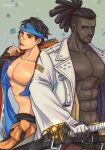  2boys bare_pectorals black_hair blue_eyes brown_eyes dark-skinned_male dark_skin glasses guilty_gear guilty_gear_strive hairlocs jacket japanese_clothes long_sleeves male_focus mito_anji multiple_boys muscular muscular_male nagoriyuki pectorals short_hair weapon 