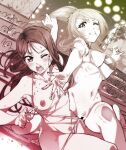  2girls ayase_eli bar_censor barefoot bikini blood blush breasts bruise catfight censored clenched_teeth commentary_request female_pubic_hair hair_pull highres injury long_hair love_live! love_live!_school_idol_project love_live!_sunshine!! monochrome multiple_girls navel nipples one_eye_closed open_mouth pokonyan_(gr1lz) ponytail pubic_hair pussy_juice sakurauchi_riko sweat swimsuit tears teeth 