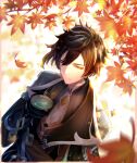 1boy autumn_leaves bangs black_gloves brown_hair closed_mouth collared_shirt commentary_request crossed_arms cup dappled_sunlight eyeliner eyeshadow falling_leaves formal from_above genshin_impact gloves gradient_hair hair_between_eyes highres holding holding_cup jacket jewelry leaf light_particles long_hair long_sleeves makeup male_focus maple_leaf multicolored_hair necktie orange_hair ponytail red_eyeshadow shirt solo sparkle suit sunlight tea teacup thumb_ring towako_towatowa yellow_eyes zhongli_(genshin_impact) 