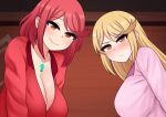  2girls blonde_hair blush breasts chest_jewel cleavage closed_mouth collarbone commentary english_commentary eyebrows_visible_through_hair highres large_breasts long_hair looking_at_viewer multiple_girls mythra_(xenoblade) pajamas pink_pajamas pyra_(xenoblade) red_eyes red_hair red_pajamas short_hair smile the_only_shoe upper_body xenoblade_chronicles_(series) xenoblade_chronicles_2 yellow_eyes 