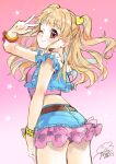  1girl absurdres aikatsu! aikatsu!_(series) belt blonde_hair blue_shorts blush brown_belt closed_mouth cowboy_shot dated food from_side geshumaro gradient gradient_background hair_ornament hand_up heart heart_hair_ornament highres ice_cream looking_at_viewer looking_to_the_side natsuki_mikuru one_eye_closed pink_background red_eyes short_shorts shorts signature smile solo twintails w wristband 