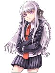  1girl anti-earth_bomb bangs black_gloves black_jacket black_ribbon blunt_bangs braid commentary_request crossed_arms danganronpa:_trigger_happy_havoc danganronpa_(series) gloves hair_ornament hair_ribbon jacket kirigiri_kyouko long_hair looking_at_viewer miniskirt necktie open_clothes pleated_skirt purple_eyes purple_hair purple_skirt ribbon simple_background single_braid skirt solo white_background 