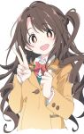  1girl :d bow bowtie brown_eyes brown_hair commentary eyebrows_visible_through_hair idolmaster idolmaster_cinderella_girls ixy long_hair long_sleeves looking_at_viewer open_mouth red_neckwear shimamura_uzuki simple_background smile solo teeth upper_teeth v white_background 