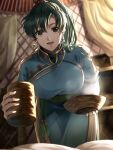  1girl bangs blue_dress bowl breasts commentary cup delsaber dress earrings fire_emblem fire_emblem:_the_blazing_blade green_eyes green_hair highres jewelry looking_at_viewer lyn_(fire_emblem) open_mouth ponytail rope_belt smile sunlight 