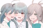 3girls :d ^_^ ahoge asashimo_(kancolle) brown_eyes cheek-to-cheek closed_eyes commentary_request dress_shirt eyes_visible_through_hair green_neckwear grey_eyes grey_hair grin hair_between_eyes hair_over_one_eye kantai_collection kasumi_(kancolle) kiyoshimo_(kancolle) long_hair low_twintails multiple_girls one_eye_closed open_mouth ponytail rinto_(rint_rnt) round_teeth sharp_teeth shirt side_ponytail silver_hair simple_background smile suspenders teeth twintails upper_body upper_teeth wavy_mouth white_background white_shirt 
