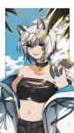  1girl :p absurdres animal_ear_fluff animal_ears arknights bangs bare_shoulders black_bandeau black_collar black_shorts blue_sky body_markings breasts cleavage cliffheart_(arknights) cloud collar collarbone commentary cowboy_shot day drawstring eyebrows_visible_through_hair eyewear_on_head grey_eyes groin hair_between_eyes highres huge_filesize if_f infection_monitor_(arknights) jacket leopard_ears leopard_girl leopard_tail light_particles long_sleeves looking_at_viewer midriff navel off_shoulder palm_leaf short_hair shorts sidelocks silver_hair sky small_breasts smile solo standing strapless sunglasses tail tongue tongue_out tubetop white_jacket 