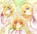  3girls bangs blonde_hair blue_eyes blush bow brown_hair commentary_request cross earbuds earphones eyebrows_visible_through_hair hair_between_eyes hair_bow hair_ribbon headband irisdina_bernhard katia_waldheim light_smile liz_hohenstein long_hair looking_at_viewer mimizuku_auru multiple_girls muvluv muvluv_alternative necktie parted_lips ponytail ribbon schwarzesmarken sidelocks striped striped_bow two_side_up 