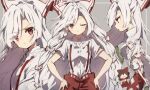  2girls bow brown_hair collared_shirt eyebrows_visible_through_hair fujiwara_no_mokou grey_background hair_bow hair_tubes hakurei_reimu hands_on_hips long_hair looking_at_viewer multiple_bows multiple_girls ofuda ofuda_on_clothes one_eye_closed pants piyokichi red_bow red_pants shirt short_sleeves standing suspenders touhou very_long_hair white_hair white_shirt 