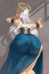  1girl armband ass blue_armband blue_skirt blush breast_press breasts brown_eyes commentary curvy draz flying_sweatdrops from_behind gigantic_breasts halo highres huge_ass long_hair long_skirt looking_at_viewer looking_back looking_down original pantylines side_slit silver_hair skirt solo thick_thighs thighs wavy_mouth wide_hips 