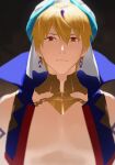  1boy arabian_clothes blonde_hair collar earrings expressionless fate/grand_order fate_(series) gilgamesh_(caster)_(fate) gilgamesh_(fate) high_collar highres jewelry mosako red_eyes slit_pupils solo turban upper_body vest 