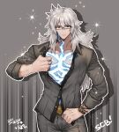  1boy alternate_costume balmung_(fate/apocrypha) bespectacled dark-skinned_male dark_skin fate/grand_order fate_(series) glasses green_eyes highres jojo_no_kimyou_na_bouken jojo_pose long_hair male_cleavage male_focus muscular muscular_male neon_trim none_(kameko227) official_alternate_costume pectorals pose scar scar_on_chest siegfried_(fate) solo super_cool_biz undressing vento_aureo watch white_hair wristwatch 