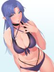  1girl bangs bikini blue_eyes blue_hair blush breasts cleavage collarbone fate/stay_night fate_(series) highres hikichi_sakuya large_breasts long_hair looking_at_viewer medea_(fate) navel pointy_ears solo swimsuit 