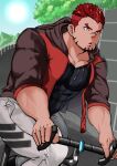 1boy :o absurdres akashi_(live_a_hero) bara bicycle black_shirt brown_hoodie facial_hair feet_out_of_frame goatee gradient_hair ground_vehicle highres hood hoodie large_pectorals live_a_hero long_sideburns male_focus mecata multicolored_hair muscular muscular_male orange_hoodie outdoors pants pectorals red_eyes red_hair riding road_bicycle shirt short_hair sideburns simple_background sleeves_rolled_up solo thick_eyebrows thick_thighs thighs tight tight_pants undercut 