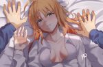  1girl ahoge artoria_pendragon_(all) bed blonde_hair blush breasts collarbone collared_shirt english_commentary fate/stay_night fate_(series) frenchvanillu green_eyes long_hair long_sleeves looking_at_viewer lying medium_breasts on_back open_mouth pov pov_hands saber shirt solo_focus white_shirt 