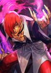  1boy bent_over black_shirt collar collared_shirt evil_smile fire hair_over_one_eye hungry_clicker pants purple_fire red_eyes red_hair red_pants shirt short_hair smile snk solo the_king_of_fighters yagami_iori 