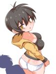  1girl ahoge ass black_hair blush breasts cougar_(cougar1404) crop_top hood hooded_jacket jacket looking_at_viewer medium_breasts nari_(cougar1404) original panties parted_lips shadow short_hair simple_background solo standing tomboy underwear upshorts very_short_hair white_background white_panties yellow_eyes yellow_jacket 