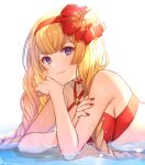  1girl athena_(granblue_fantasy) bangs bikini blonde_hair braid braided_ponytail breasts choker closed_mouth criss-cross_halter crossed_bangs flower granblue_fantasy hairband halterneck head_rest hibiscus kingyo_114 long_hair looking_at_viewer lying medium_breasts on_stomach partially_submerged purple_eyes red_bikini red_choker red_nails solo swimsuit twin_braids upper_body water white_background 