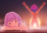  2girls arms_up ass blurry blurry_background brown_eyes eyebrows_visible_through_hair facing_away hair_intakes idolmaster idolmaster_cinderella_girls koshimizu_sachiko looking_at_viewer multicolored_hair multiple_girls nude onsen pink_hair sakaki_imasato short_hair smile sunrise two-tone_hair yumemi_riamu 