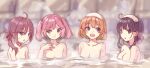  4girls :3 ahoge akebono_(kancolle) alternate_hairstyle bandaid bandaid_on_face bare_shoulders bathing black_hair blurry breasts brown_eyes brown_hair cleavage collarbone depth_of_field hair_bobbles hair_ornament kantai_collection large_breasts long_hair medium_breasts mitsuyo_(mituyo324) multiple_girls oboro_(kancolle) onsen open_mouth pink_eyes pink_hair purple_eyes purple_hair sazanami_(kancolle) short_hair side_ponytail smile tied_hair towel towel_on_head twintails upper_body upper_teeth ushio_(kancolle) very_long_hair water 